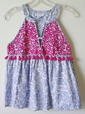 THML  Pink Embroidered Halter Top with Light Blue Leaf Print Sleeveless Size XS